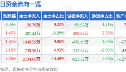 股票行情快报：ST张家界（000430）5月15日主力资金净买入26.70万元