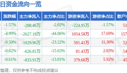 股票行情快报：ST张家界（000430）7月14日主力资金净卖出288.46万元