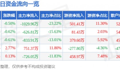 股票行情快报：ST张家界（000430）7月10日主力资金净卖出1029.96万元