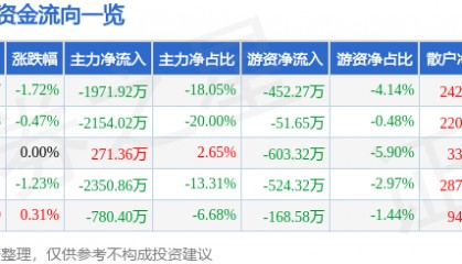 股票行情快报：黑芝麻（000716）6月13日主力资金净卖出1971.92万元