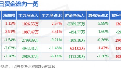 股票行情快报：大唐电信（600198）1月8日主力资金净买入1026.55万元