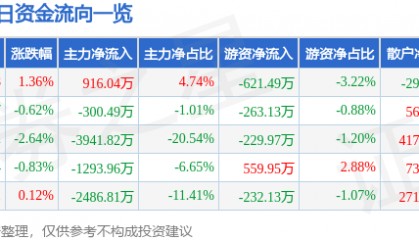 股票行情快报：大唐电信（600198）1月24日主力资金净买入916.04万元