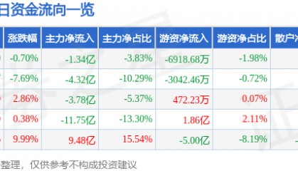 股票行情快报：巨轮智能（002031）3月3日主力资金净卖出1.34亿元