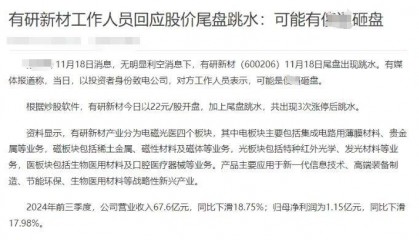 突然尾盘跳水，可能有人砸盘？有研新材回应