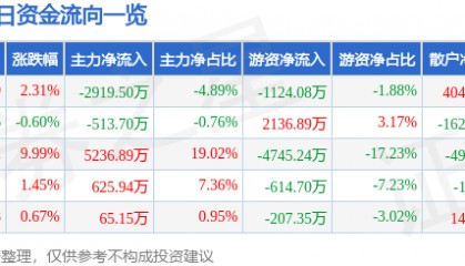 股票行情快报：南京熊猫（600775）5月8日主力资金净卖出2919.50万元