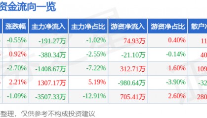 股票行情快报：二六三（002467）5月13日主力资金净卖出191.27万元
