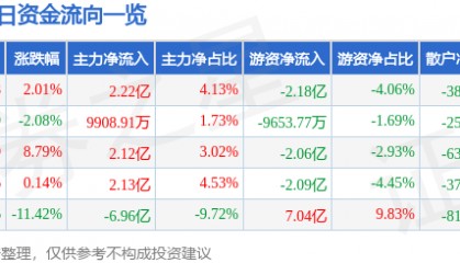 股票行情快报：寒武纪（688256）4月11日主力资金净买入2.22亿元
