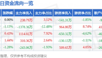 股票行情快报：ST张家界（000430）5月8日主力资金净买入238.79万元