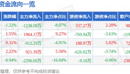 股票行情快报：黑芝麻（000716）5月9日主力资金净卖出1238.58万元