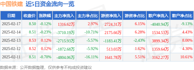 股票行情快报:中国铁建(601186)2月17日主力资金净买入1316.62万元