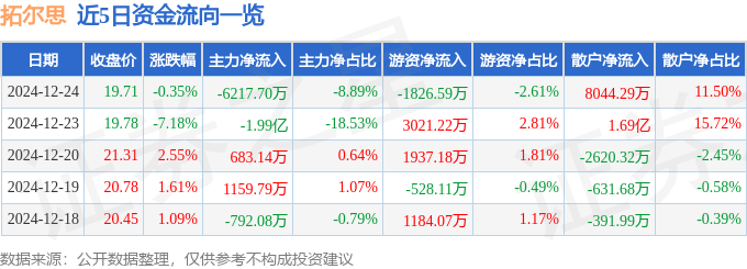 股票行情快报：拓尔思（300229）12月24日主力资金净卖出6217.70万元
