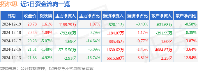股票行情快报:拓尔思(300229)12月19日主力资金净买入1159.79万元