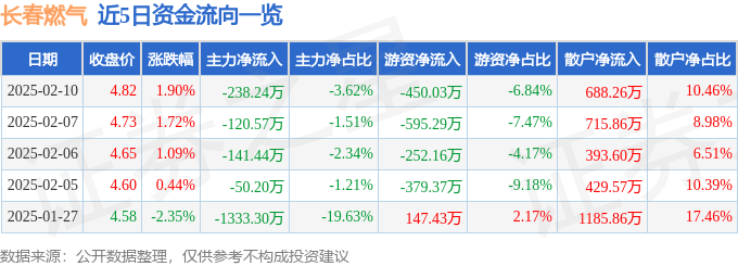 股票行情快报:长春燃气(600333)2月10日主力资金净卖出238.24万元
