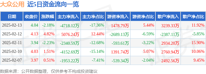 股票行情快报:大众公用(600635)2月13日主力资金净卖出4718.12万元