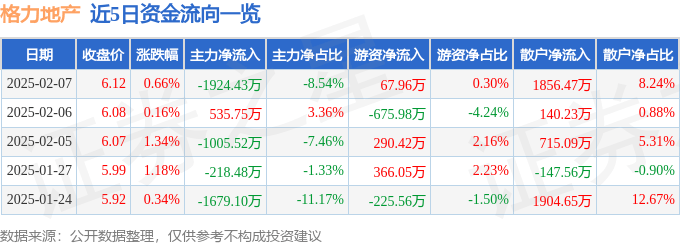 股票行情快报:格力地产(600185)2月7日主力资金净卖出1924.43万元