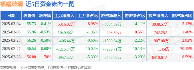 股票行情快报:福耀玻璃(600660)3月4日主力资金净买入5316.02万元
