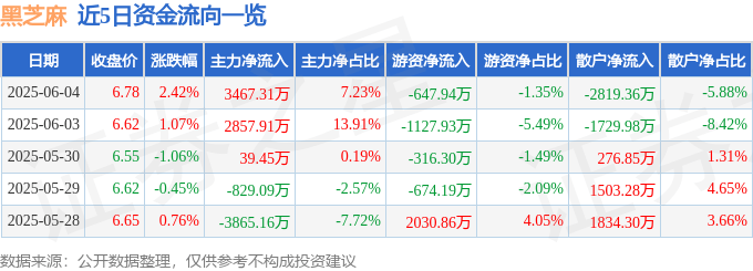 股票行情快报：黑芝麻（000716）6月4日主力资金净买入3467.31万元