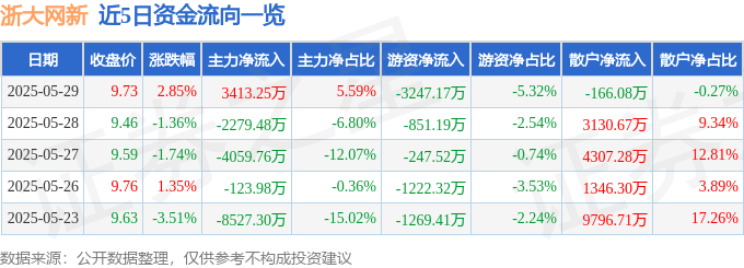 股票行情快报:浙大网新(600797)5月29日主力资金净买入3413.25万元