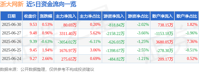 股票行情快报：浙大网新（600797）6月30日主力资金净买入80.69万元