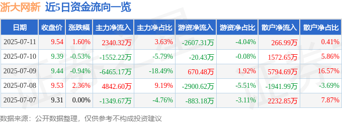 股票行情快报:浙大网新(600797)7月11日主力资金净买入2340.32万元