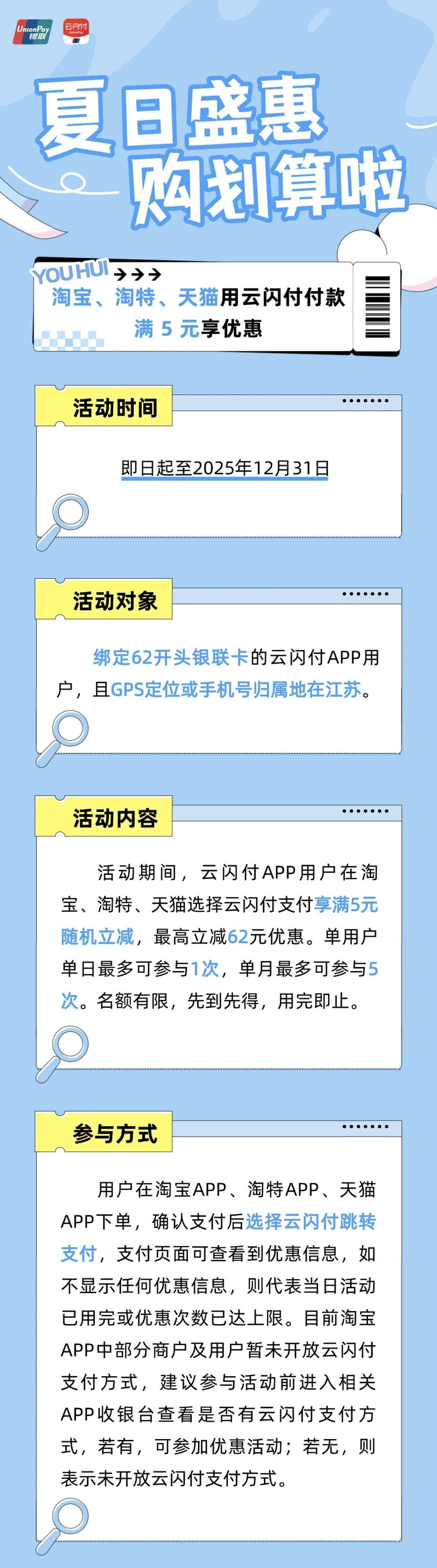 淘宝、淘特、天猫云闪付满5元享优惠！